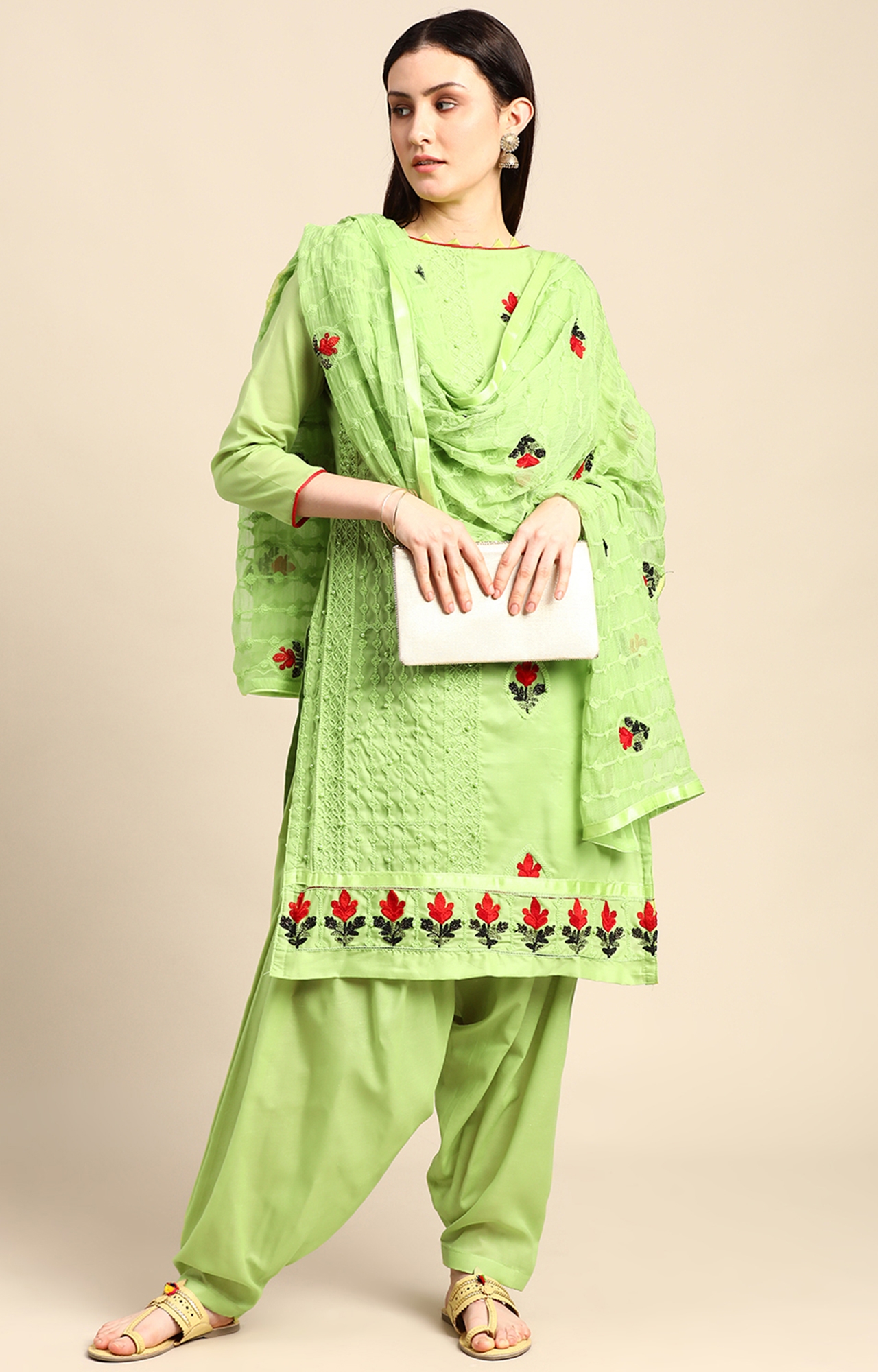 SHAILY RETAILS | Shaily Women Perrot Green Color Cotton Embroidered With Pearl Unstitched Dress Material-VF_BJP_PAGRN_DM 1