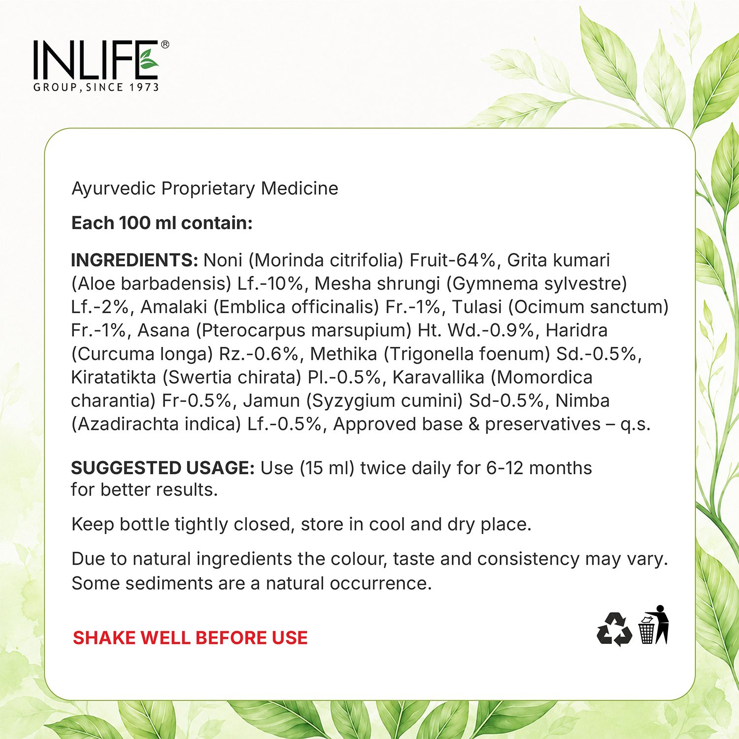 Inlife | Diastan Noni for Diabetic Care, Juice Concentrate, Gymnema Sylvestre, Fenugreek, Karela, Jamun and other powerful herbs | 1 Litre