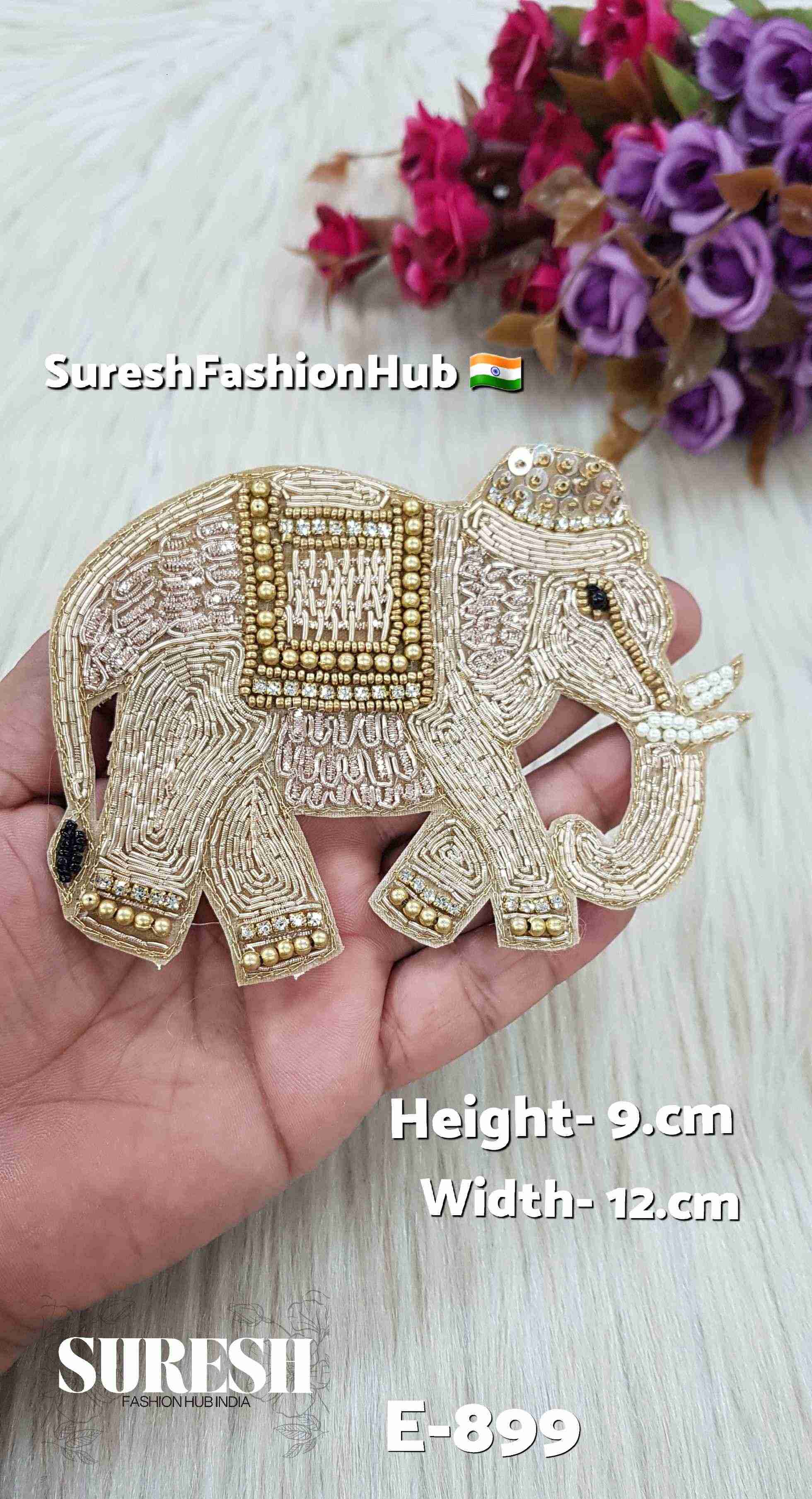 Pearl Rose Zardosi Elephant Patch – Right Facing | E-899