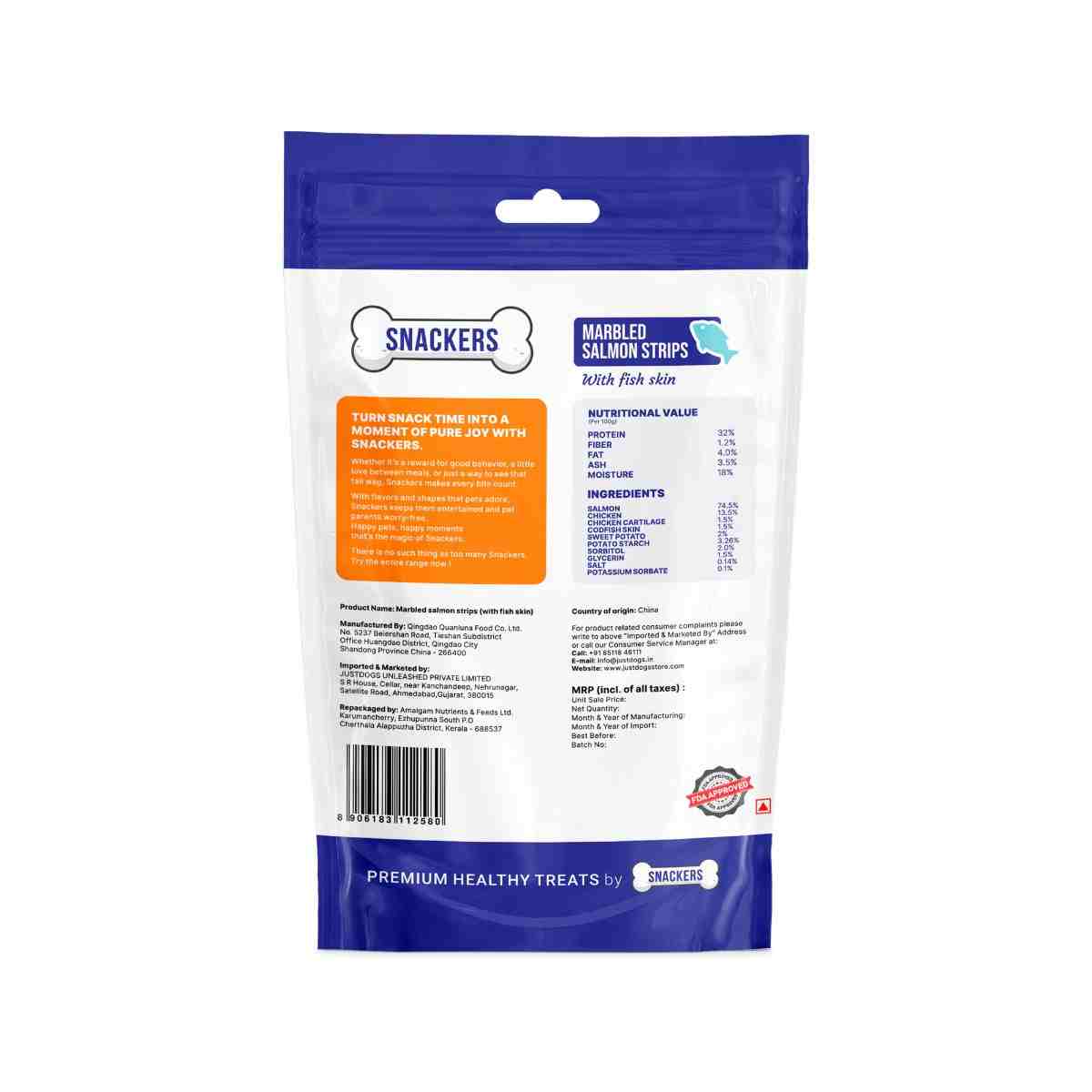 Snackers Marbled Salmon Strips with Fish Skin Dog Treats 70g