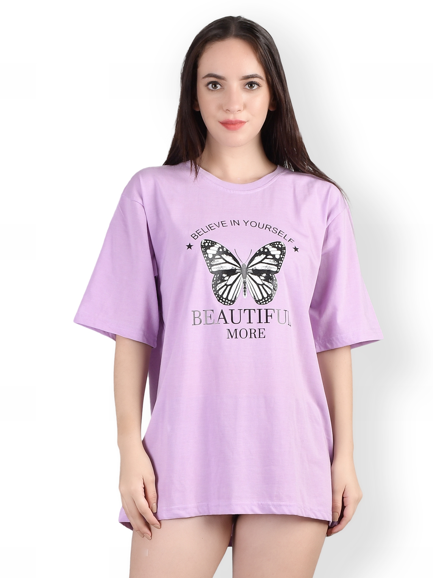 Stylish Butterfly : Quirky Printed Oversized Women's Tees In Mauve Color