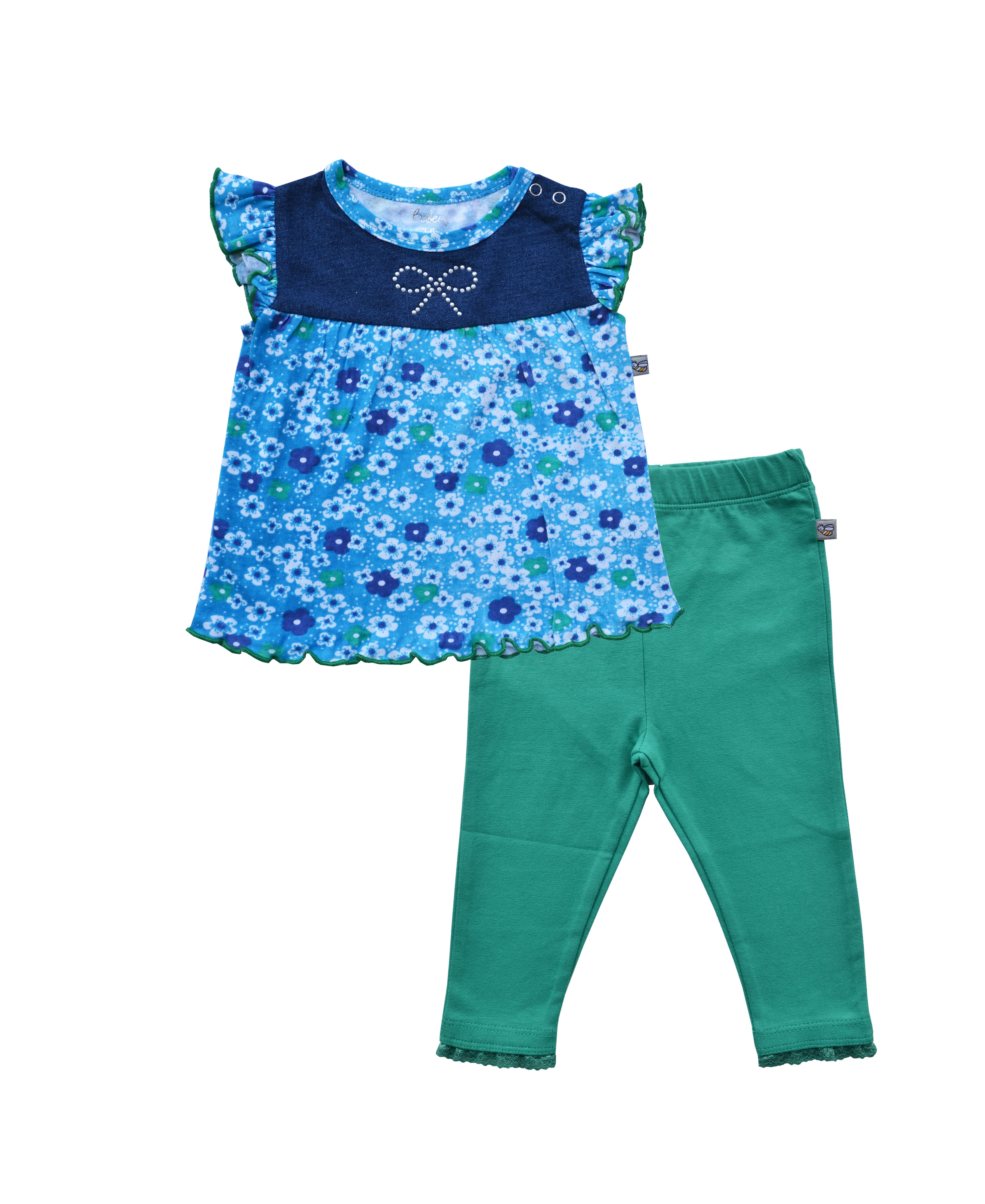 Babeez | Allover Flower Print on Blue Top and Dark Green Solid Leggings (100% Cotton Jersey) undefined