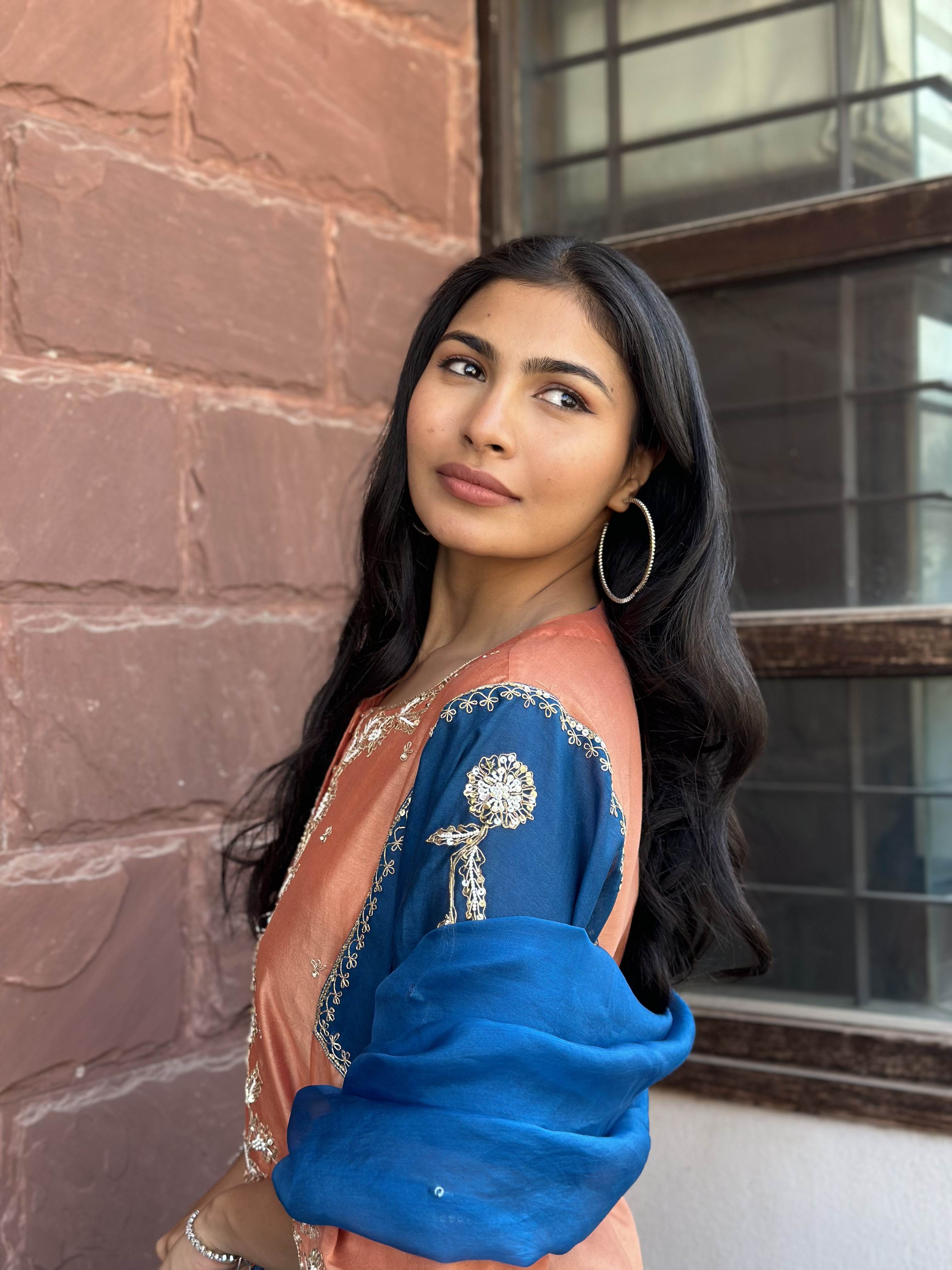 ORANGE-BLUE HANDWORK KURTA SET