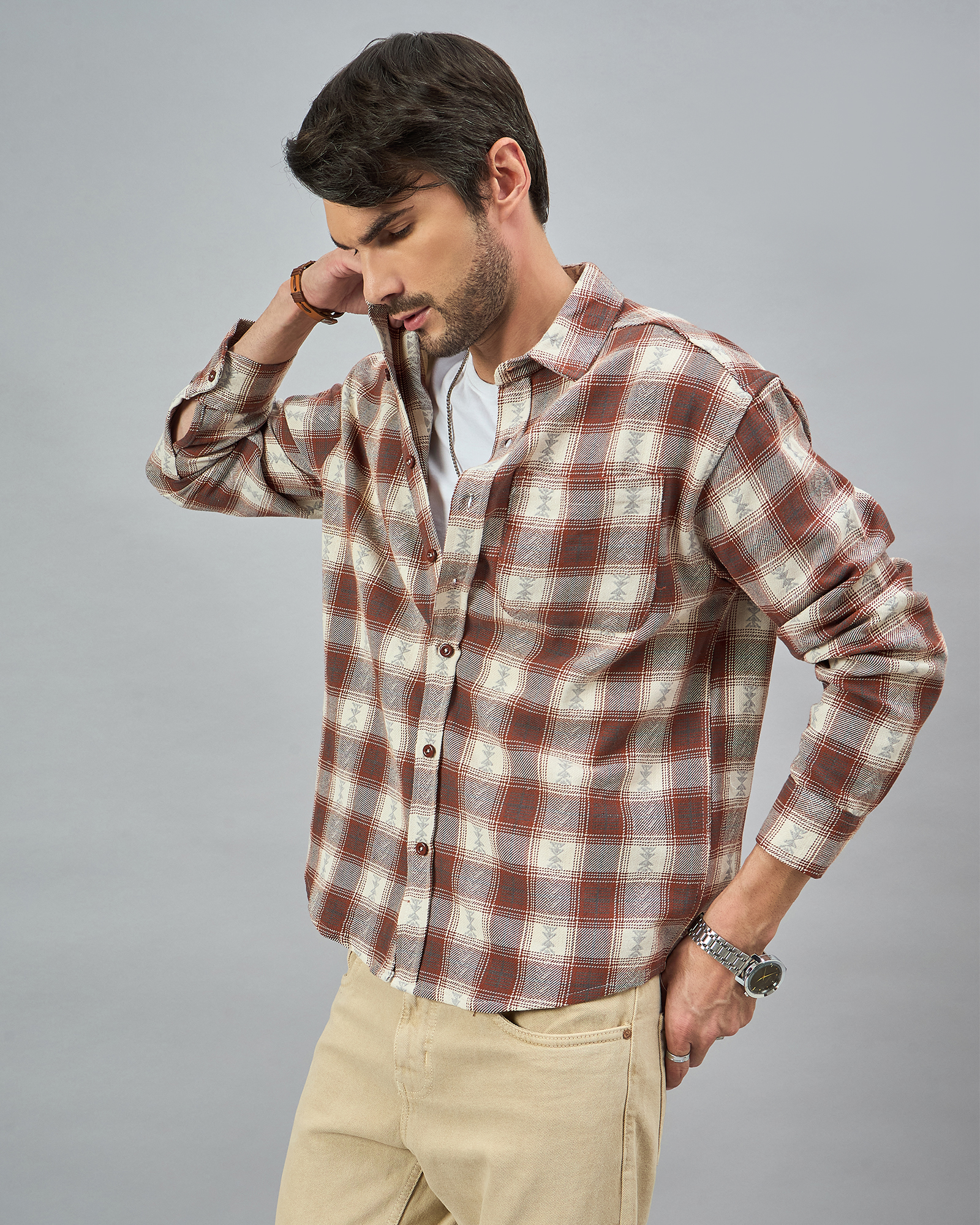 Chimpaaanzee Men Brown & Beige Oversized Fit Shirt