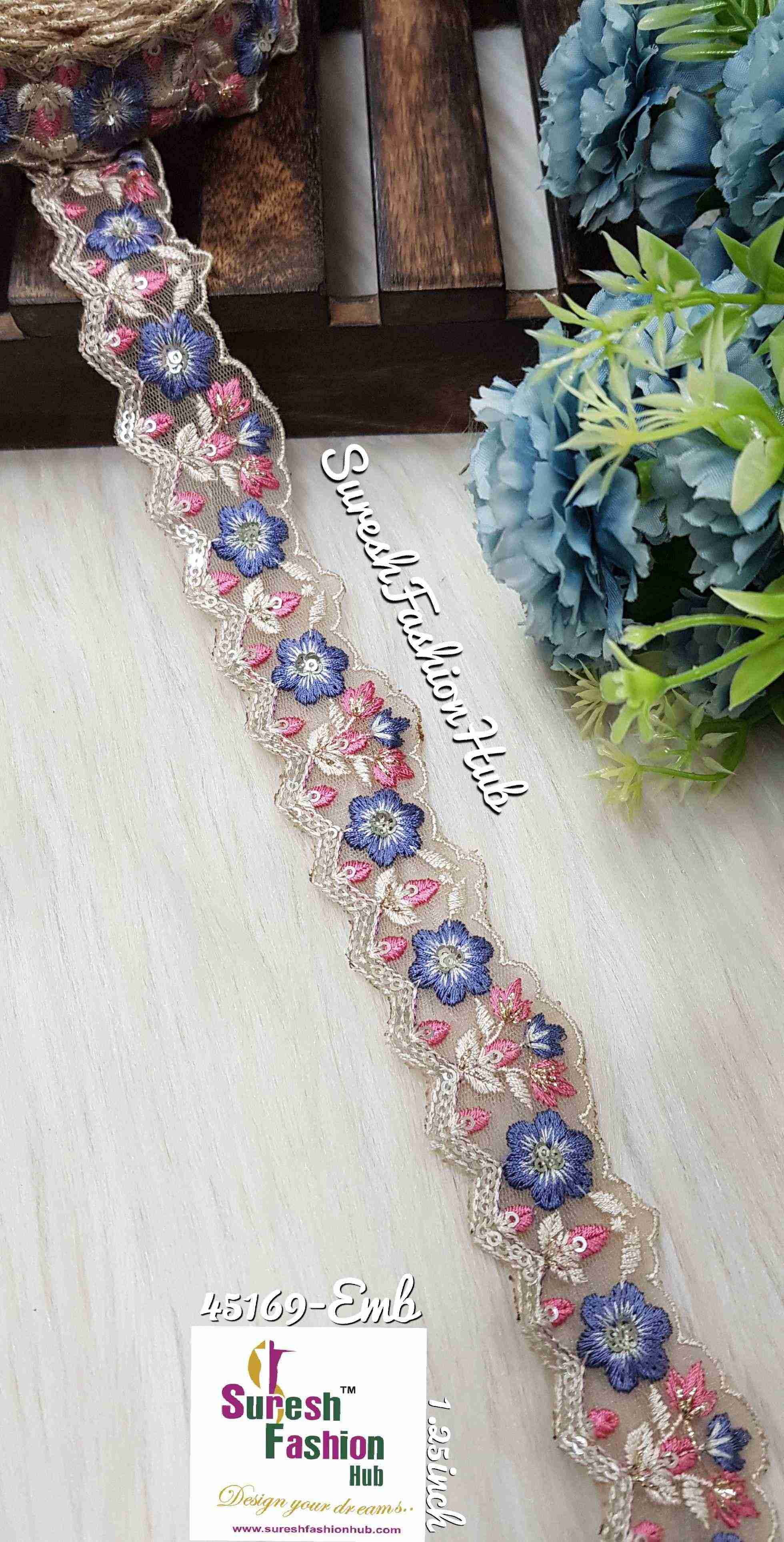 Blue flowers with Sequin Sprinkle Cutwork Laces