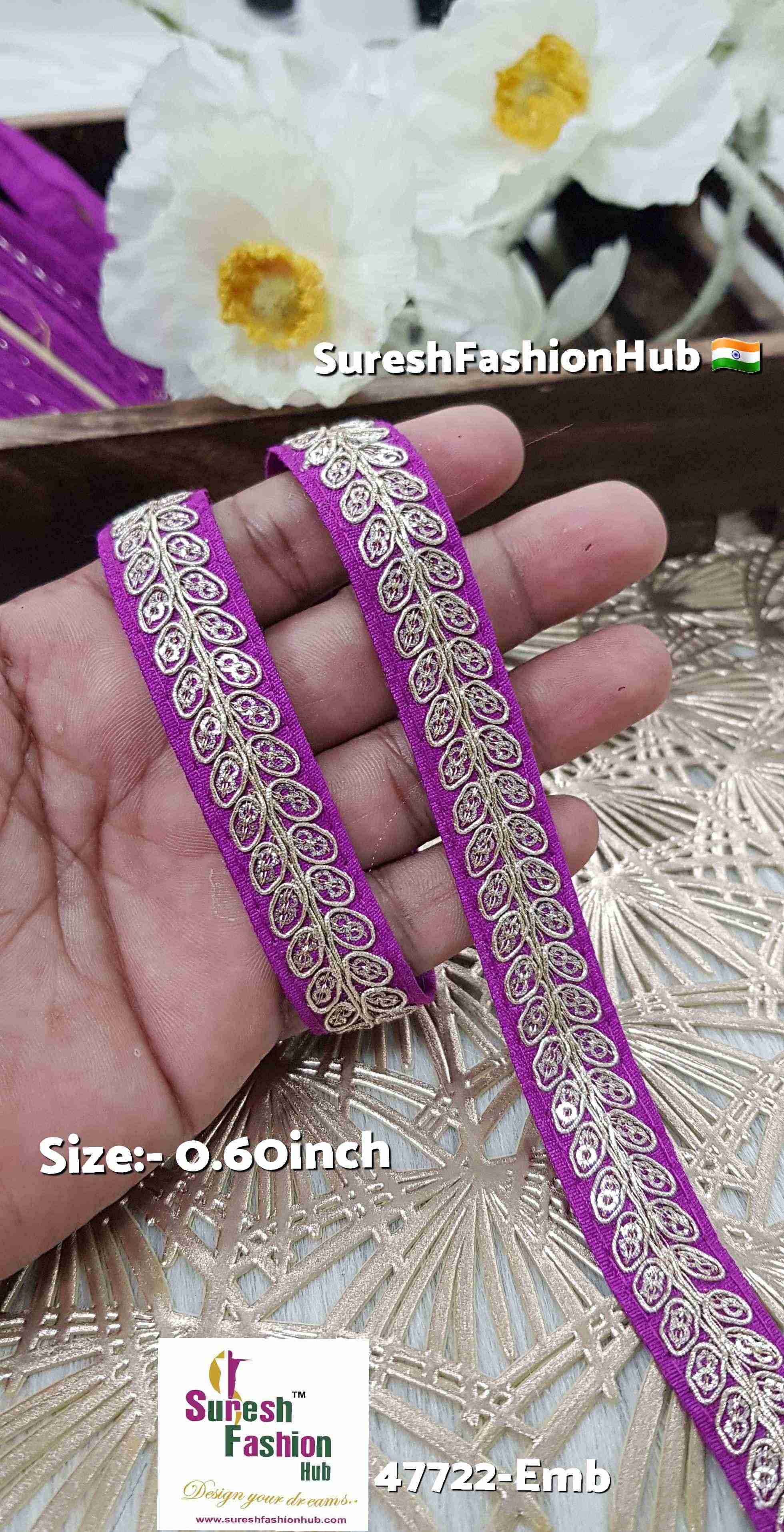 Magenta Pearl Leaf Embroidered Border
