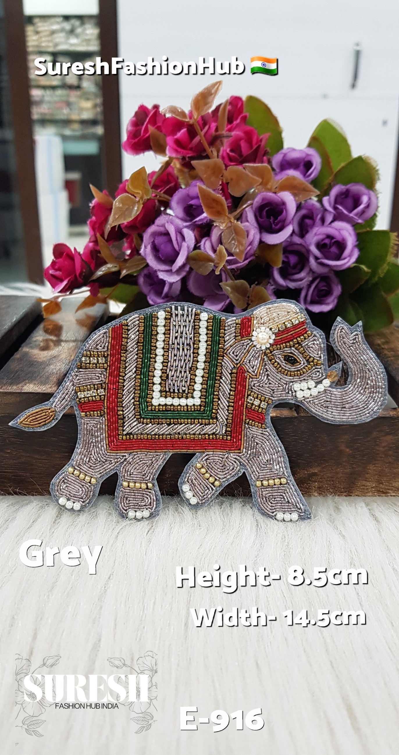 Handmade Elephant Patch – Right Side Grey – Design No. E-916