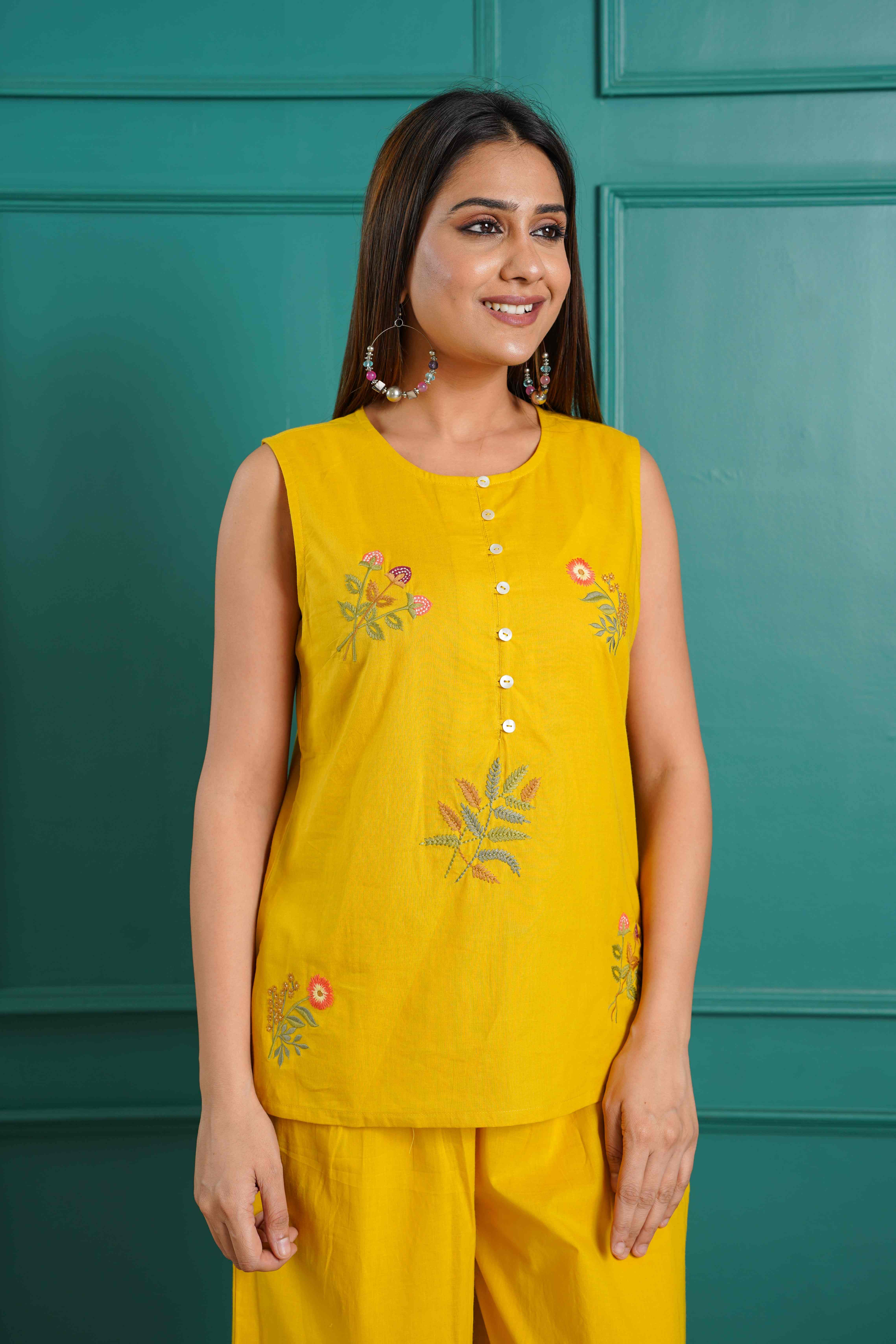 MUSTARD FLORAL EMBROIDERED COTTON CO-ORD SET