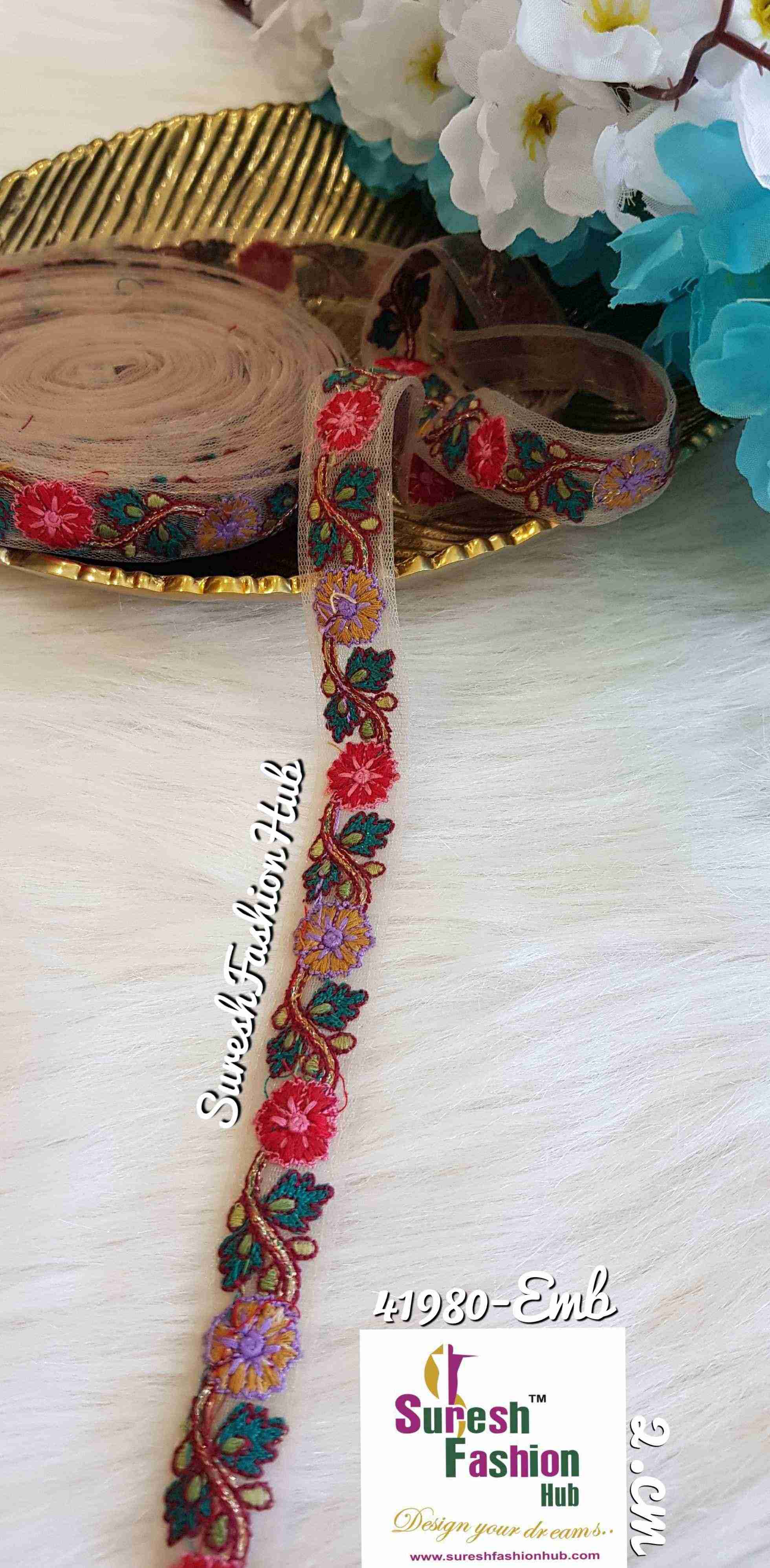 Mesh Beauty Red & Mustard Yellow Flowers Thin Ribbon