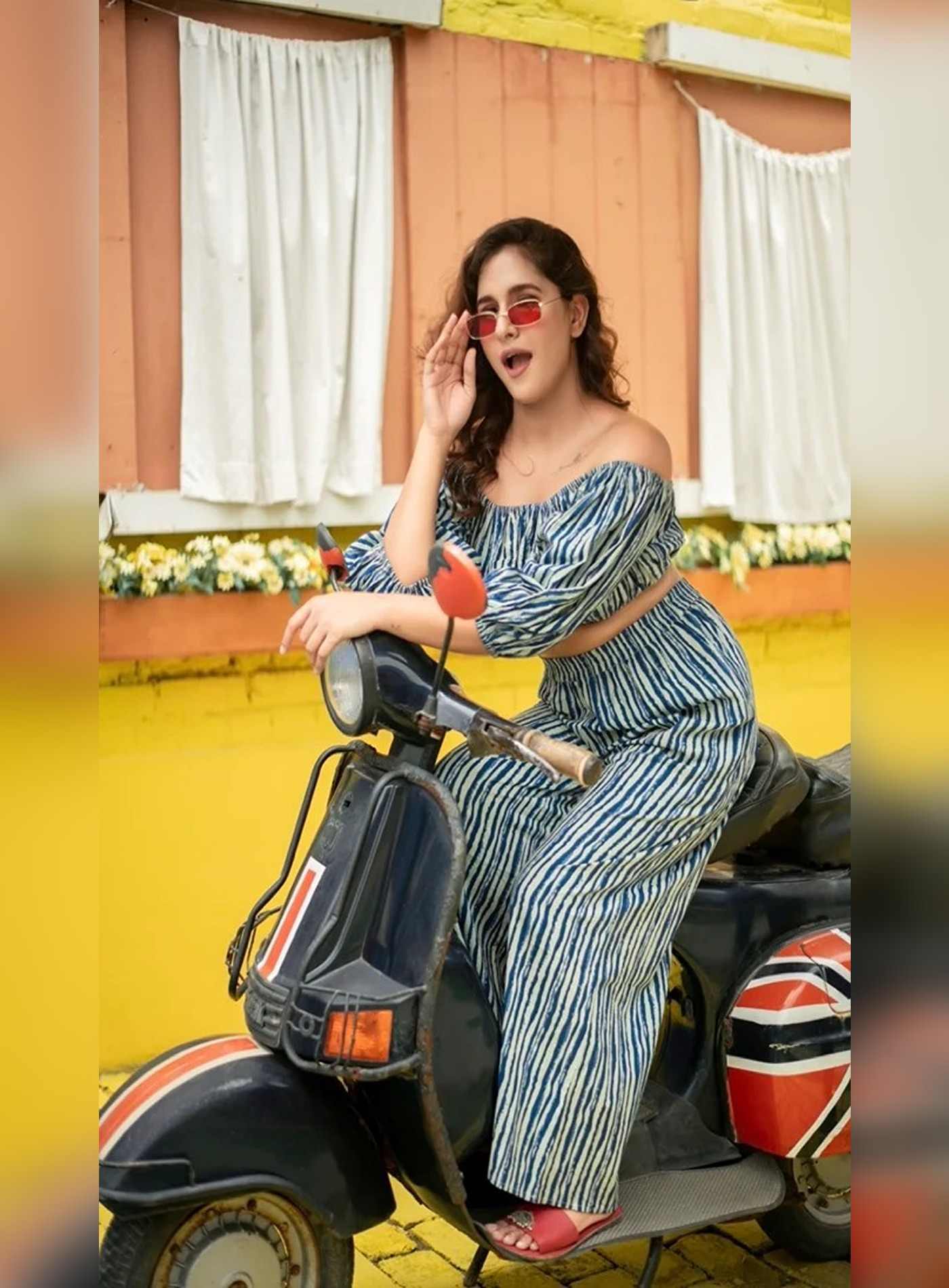Alice18 Indigo Stripe Off-Shoulder Co-Ord Set.