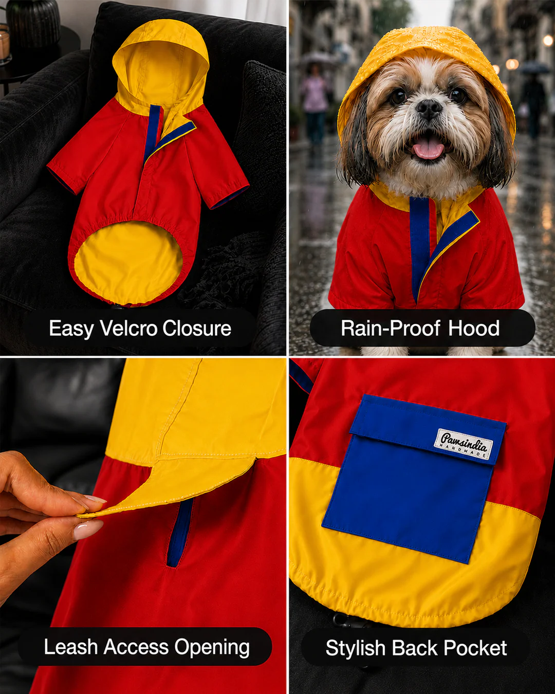 Pawsindia Dog Hooded 360° Raincoat, Red & Yellow