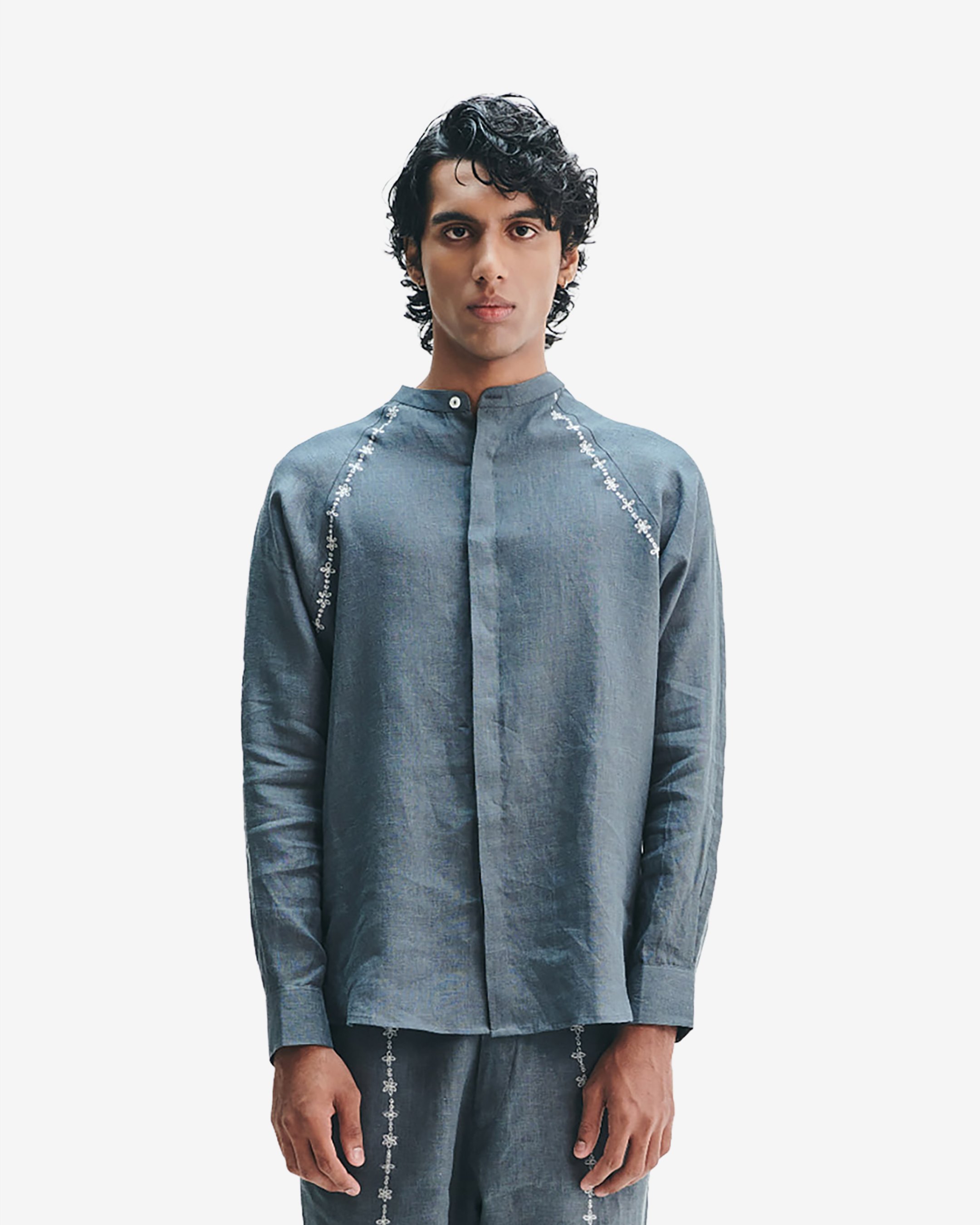 Slate Linen Embroidered Men's Raglan Shirt