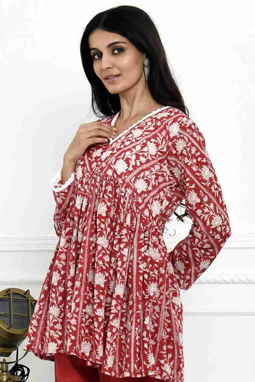 Naksh Short Red And White Soft Cotton Kota Block Printed Gathered Kurta