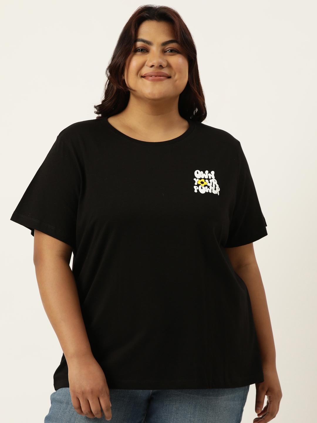 Marca Bold | Plus Size Black Graphic Printed Round Neck Bio Wash tshirt For women