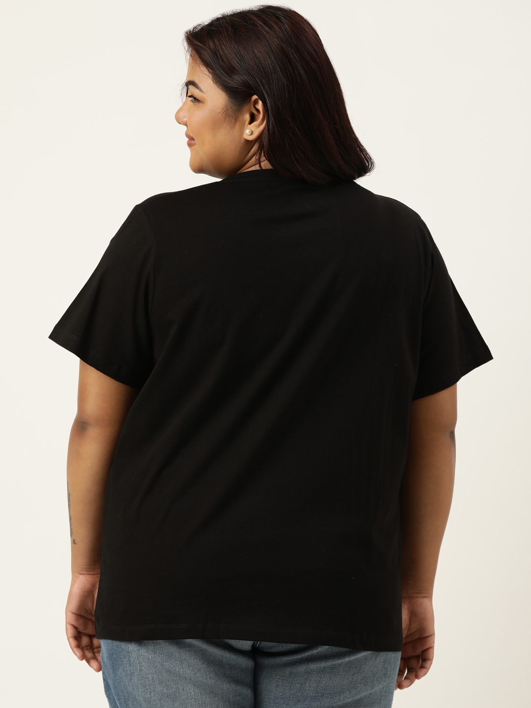 Plus Size Black Graphic Printed Round Neck Bio Wash tshirt For women