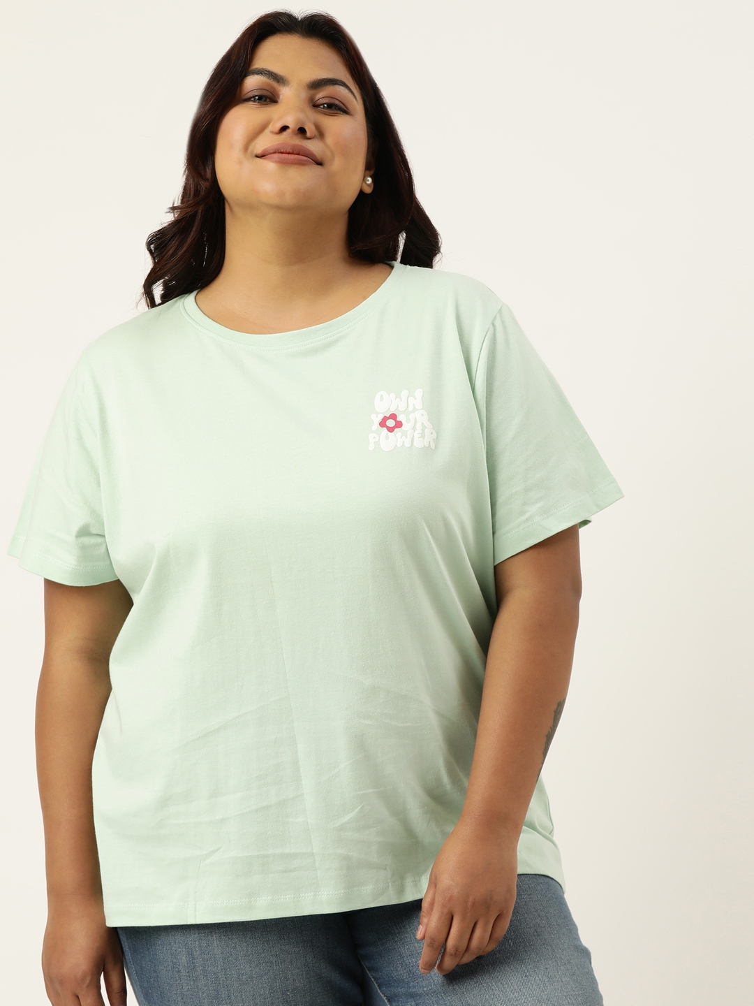 Plus Size Mint Graphic Printed Round Neck Bio Wash tshirt For women
