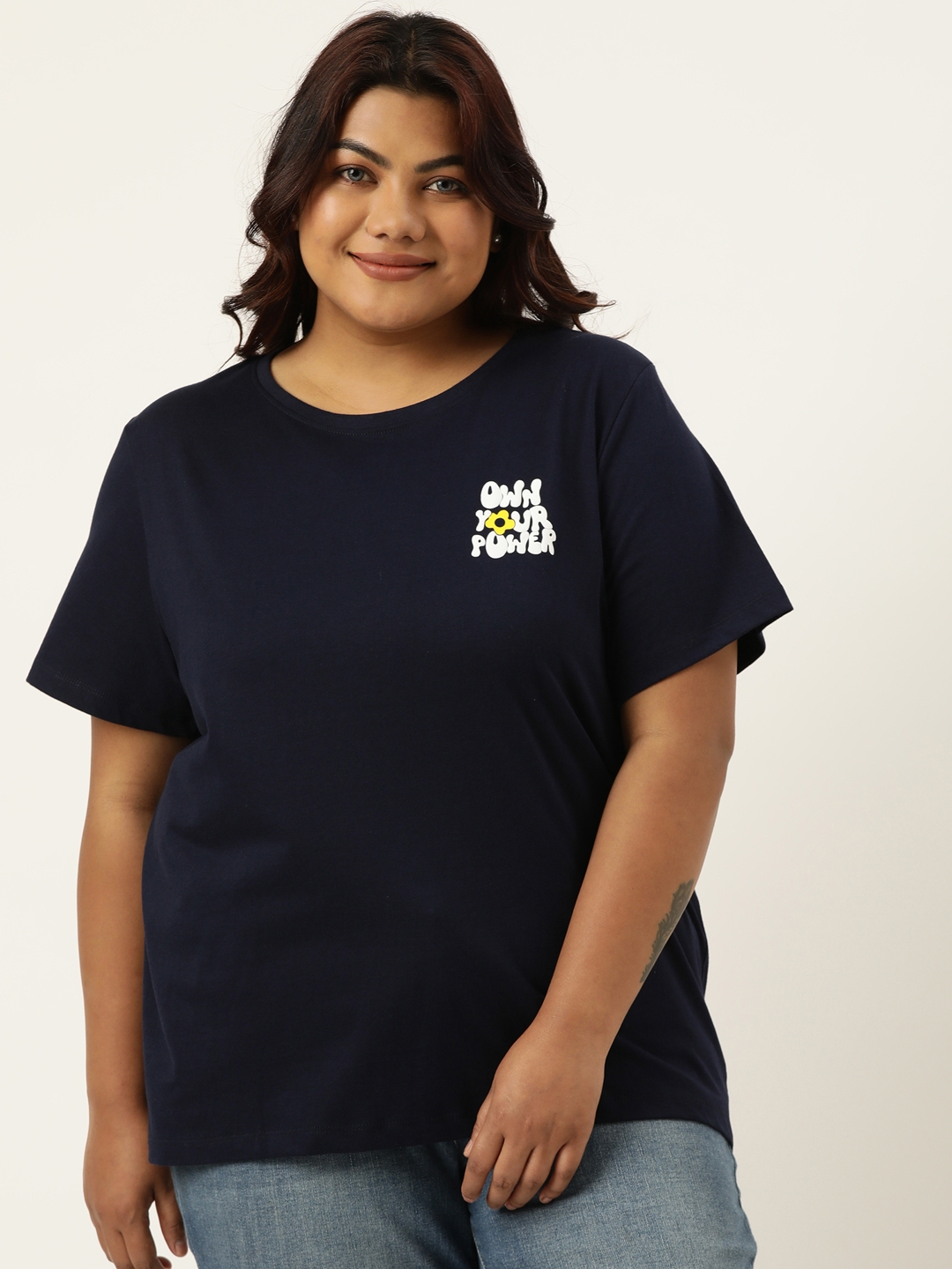 Plus Size Navy Graphic Printed Round Neck Bio Wash tshirt For women