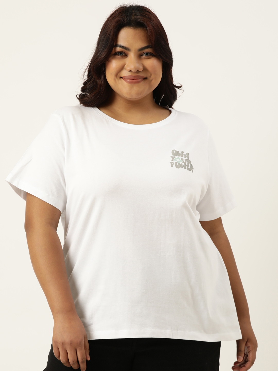 Marca Bold | Plus Size White Graphic Printed Round Neck Bio Wash tshirt For women