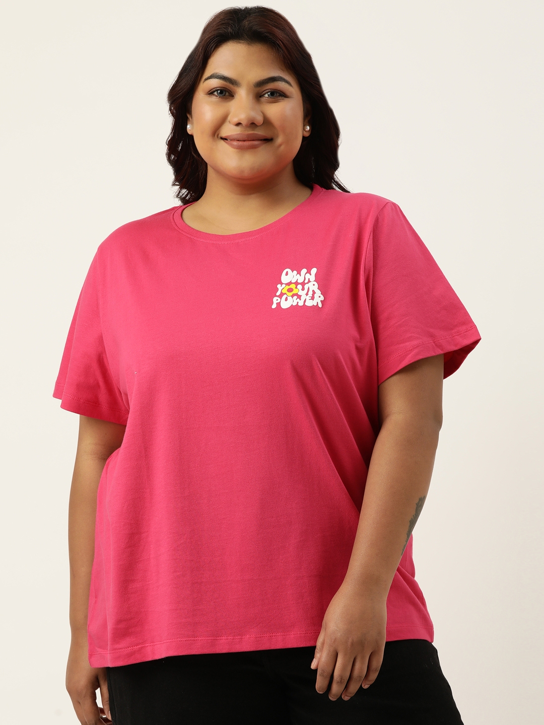 Marca Bold | Plus Size Fuchsia Graphic Printed Round Neck Bio Wash tshirt For women