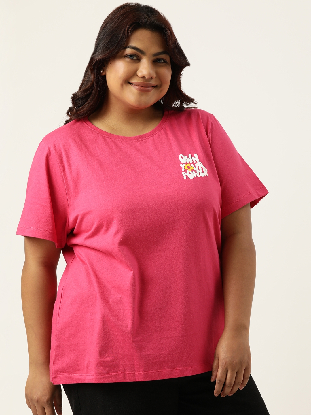 Plus Size Fuchsia Graphic Printed Round Neck Bio Wash tshirt For women