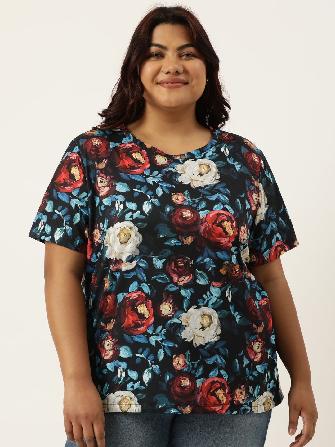 Marca Bold | Plus Size Black All Over Printed Round Neck Bio Wash tshirt For women