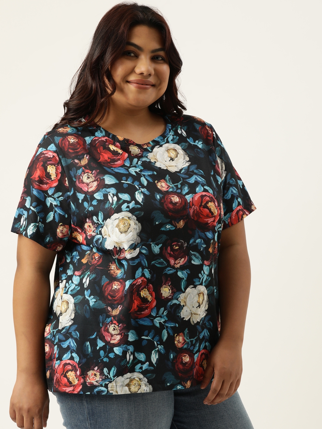 Plus Size Black All Over Printed Round Neck Bio Wash tshirt For women