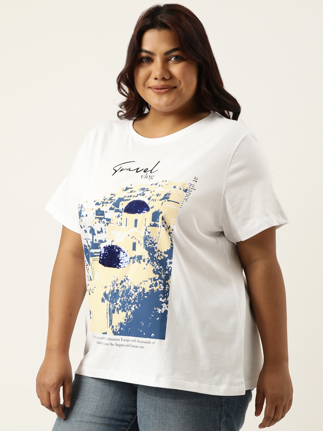 Plus Size White Graphic Printed Round Neck Bio Wash tshirt For women