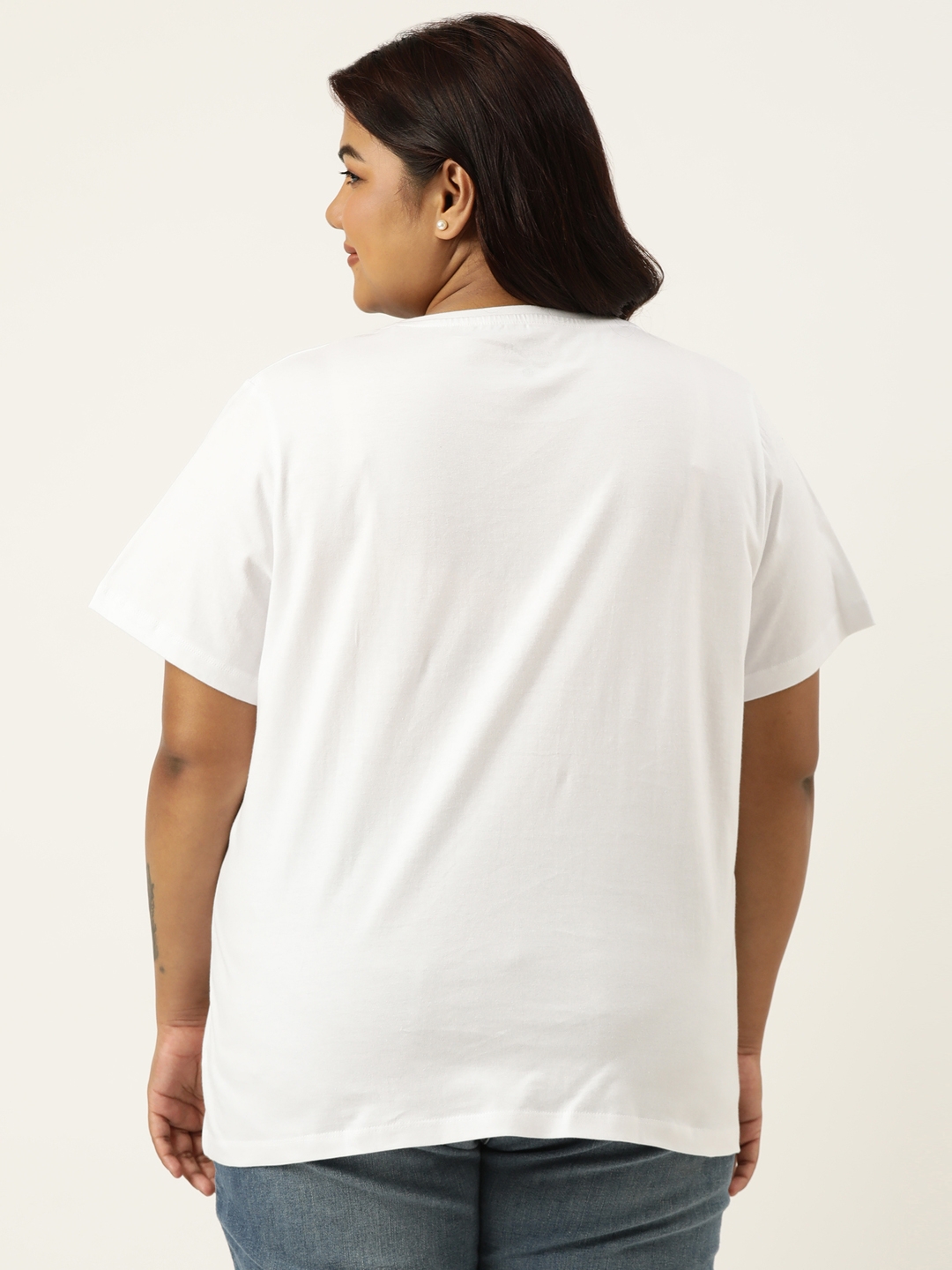 Plus Size White Graphic Printed Round Neck Bio Wash tshirt For women