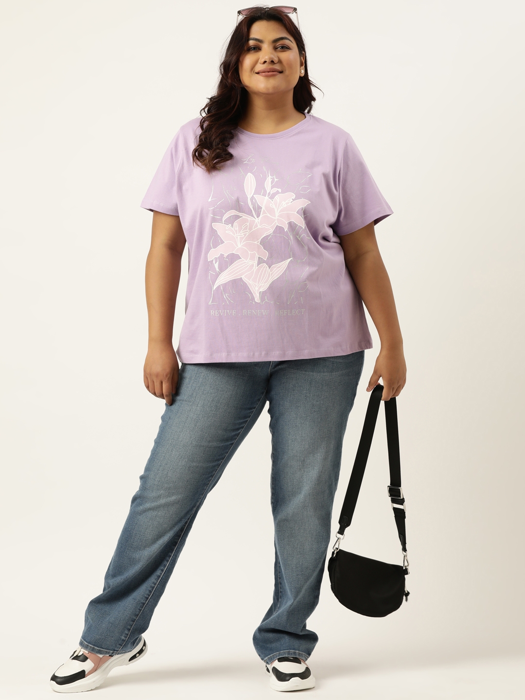 Plus Size Purple Graphic Printed Round Neck Bio Wash tshirt For women