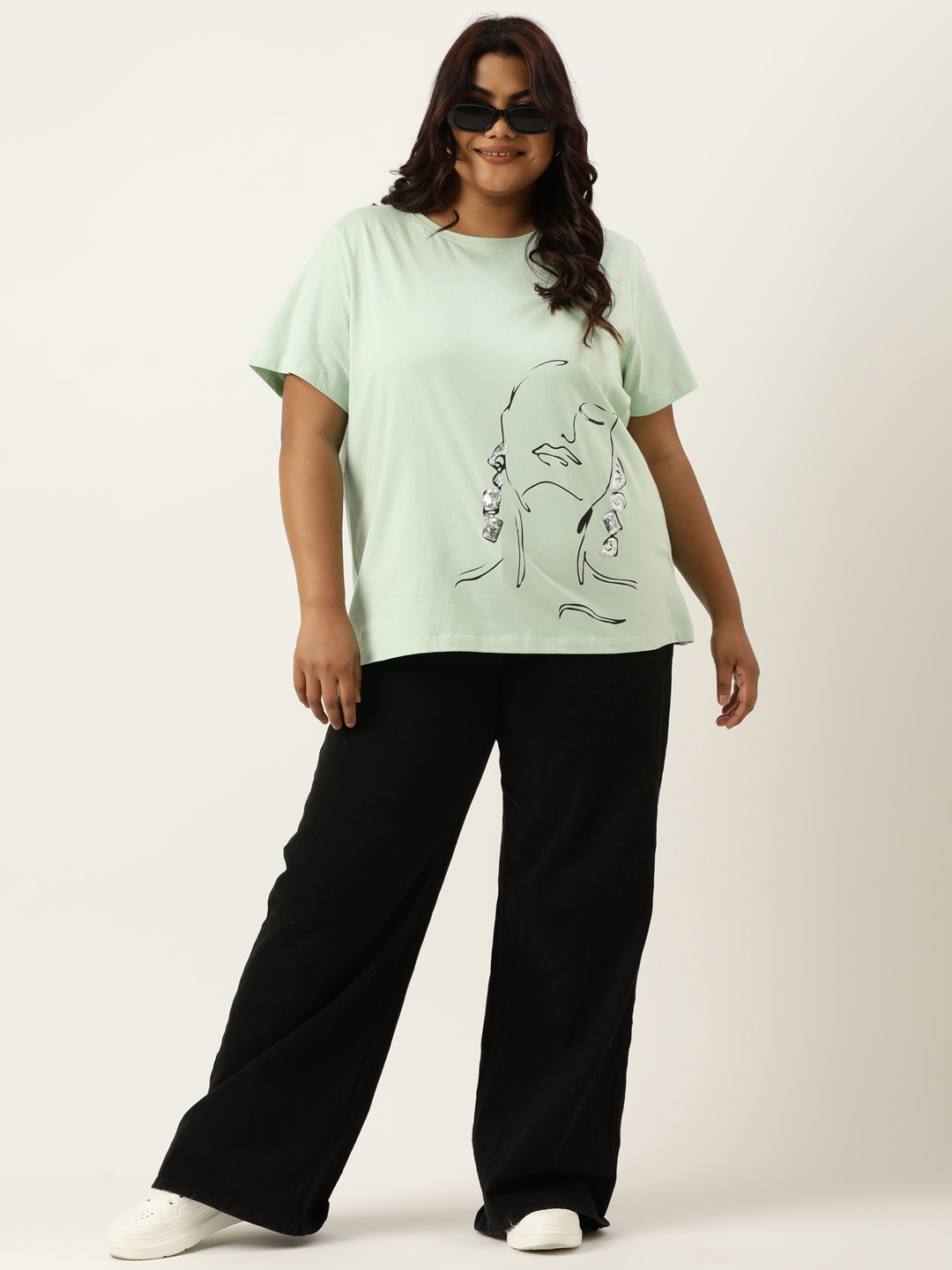 Plus Size Mint Graphic Printed Round Neck Bio Wash tshirt For women