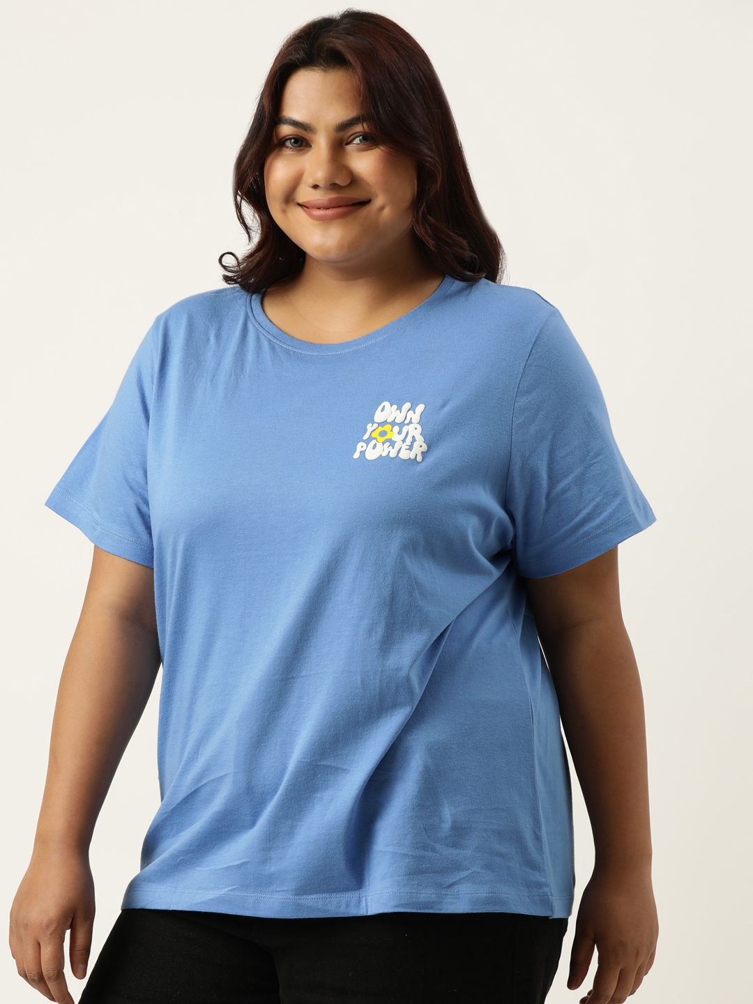 Plus Size Blue Graphic Printed Round Neck Bio Wash tshirt For women