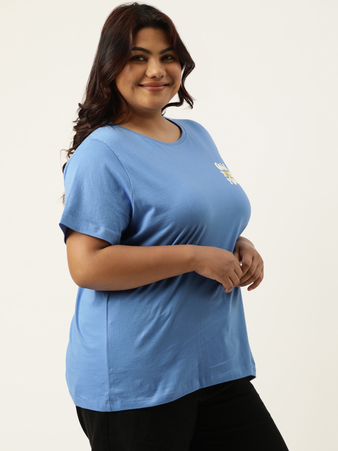 Plus Size Blue Graphic Printed Round Neck Bio Wash tshirt For women