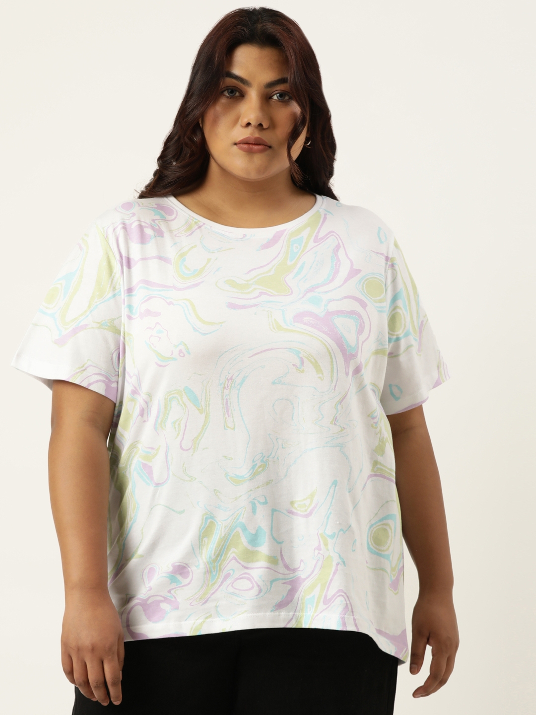 Plus Size White All Over Printed Round Neck Bio Wash tshirt For women