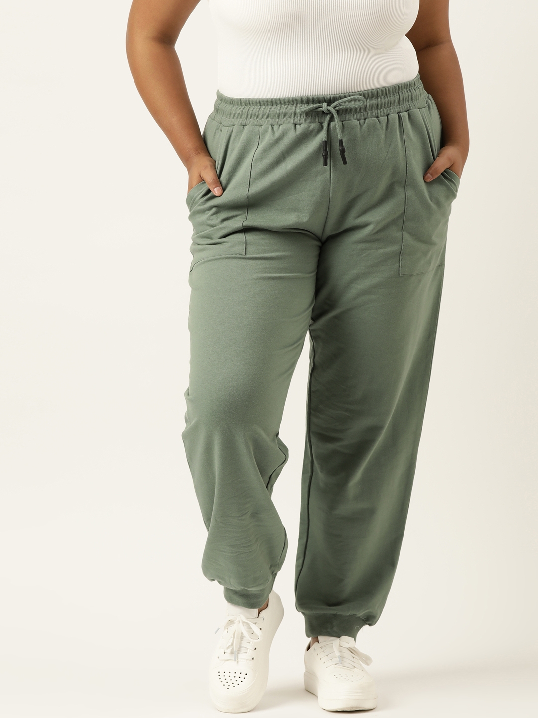 Plus Size Green Cotton Jogger With Cuff For Women