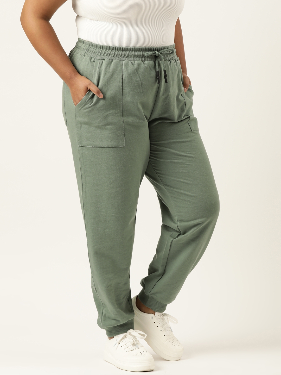 Plus Size Green Cotton Jogger With Cuff For Women