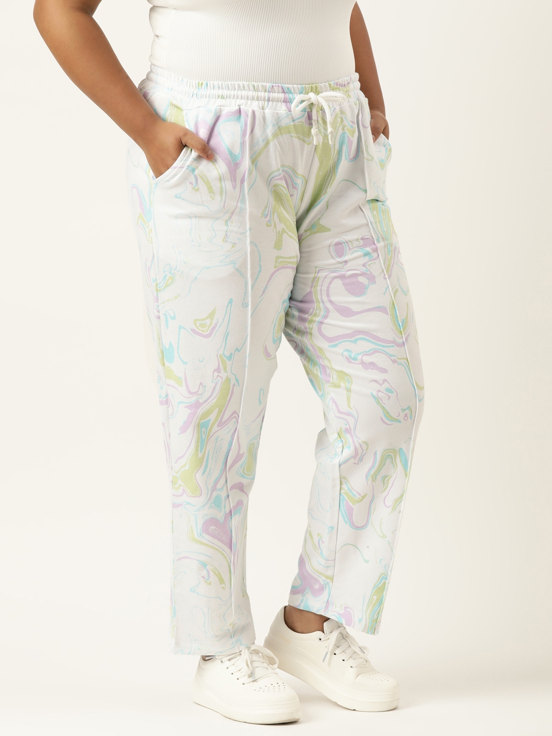 Plus Size White Cotton All Over Print Jogger For Women