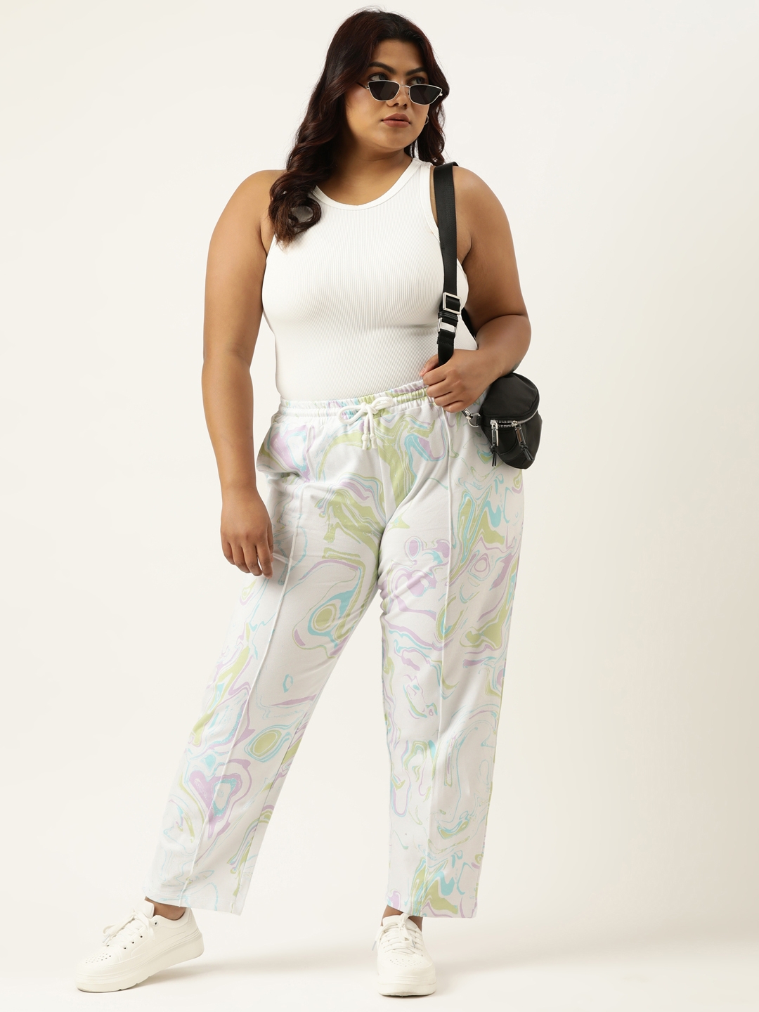 Plus Size White Cotton All Over Print Jogger For Women