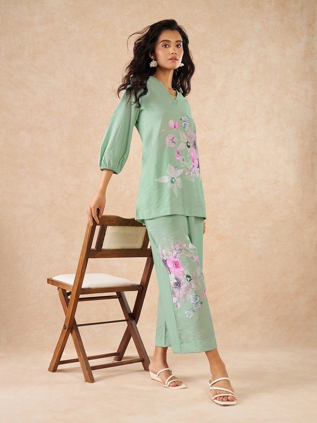 Mint Floral Print Crush Texture Relaxed Fit Tunic & Wide Leg Pants Set