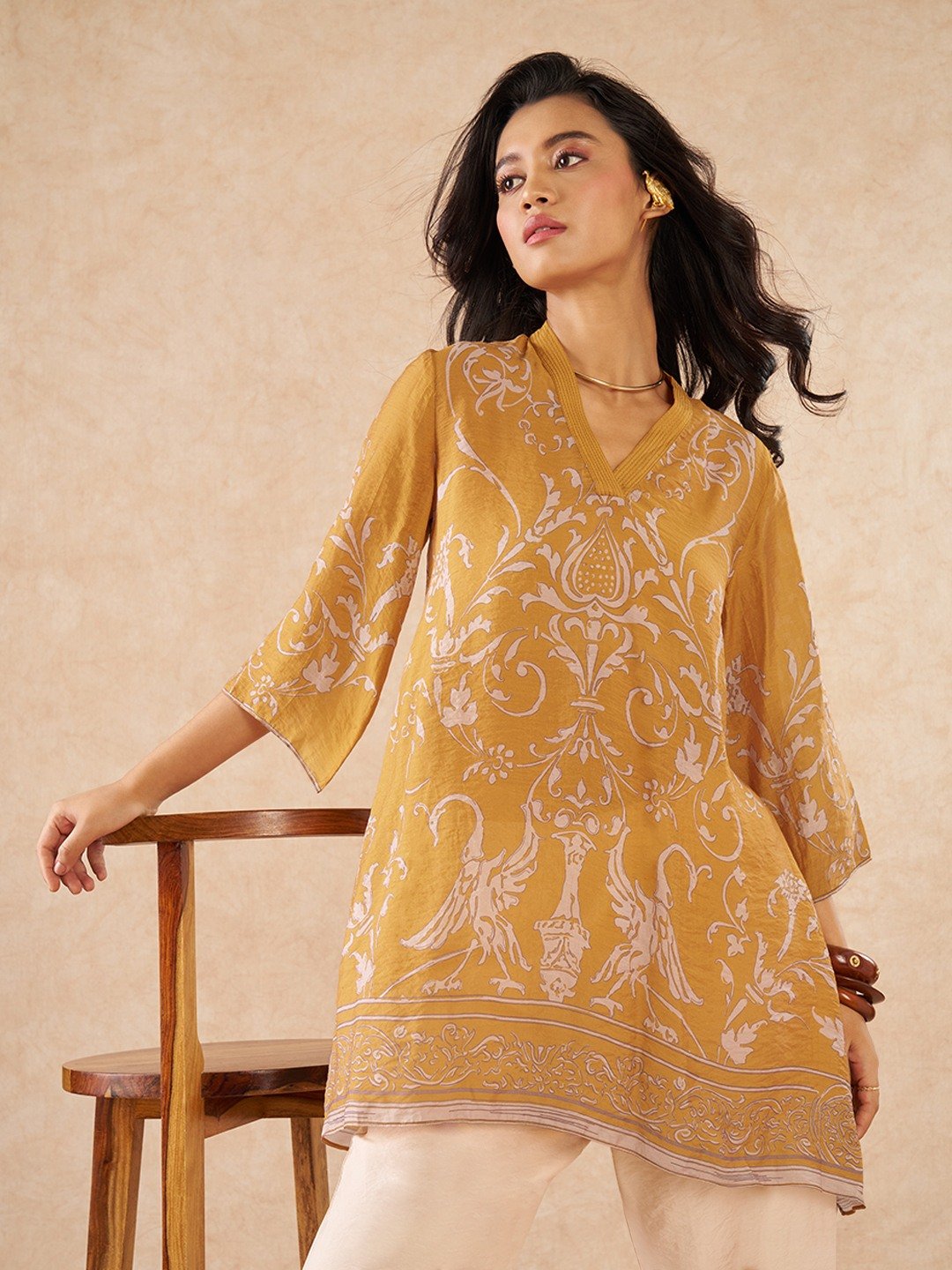 Yellow Ornamental Print High-Low Tunic with Camisole
