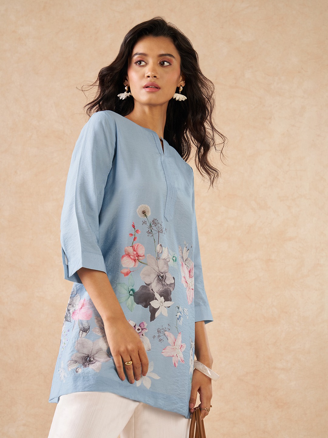 Light Blue Floral Print Crush Texture Tunic