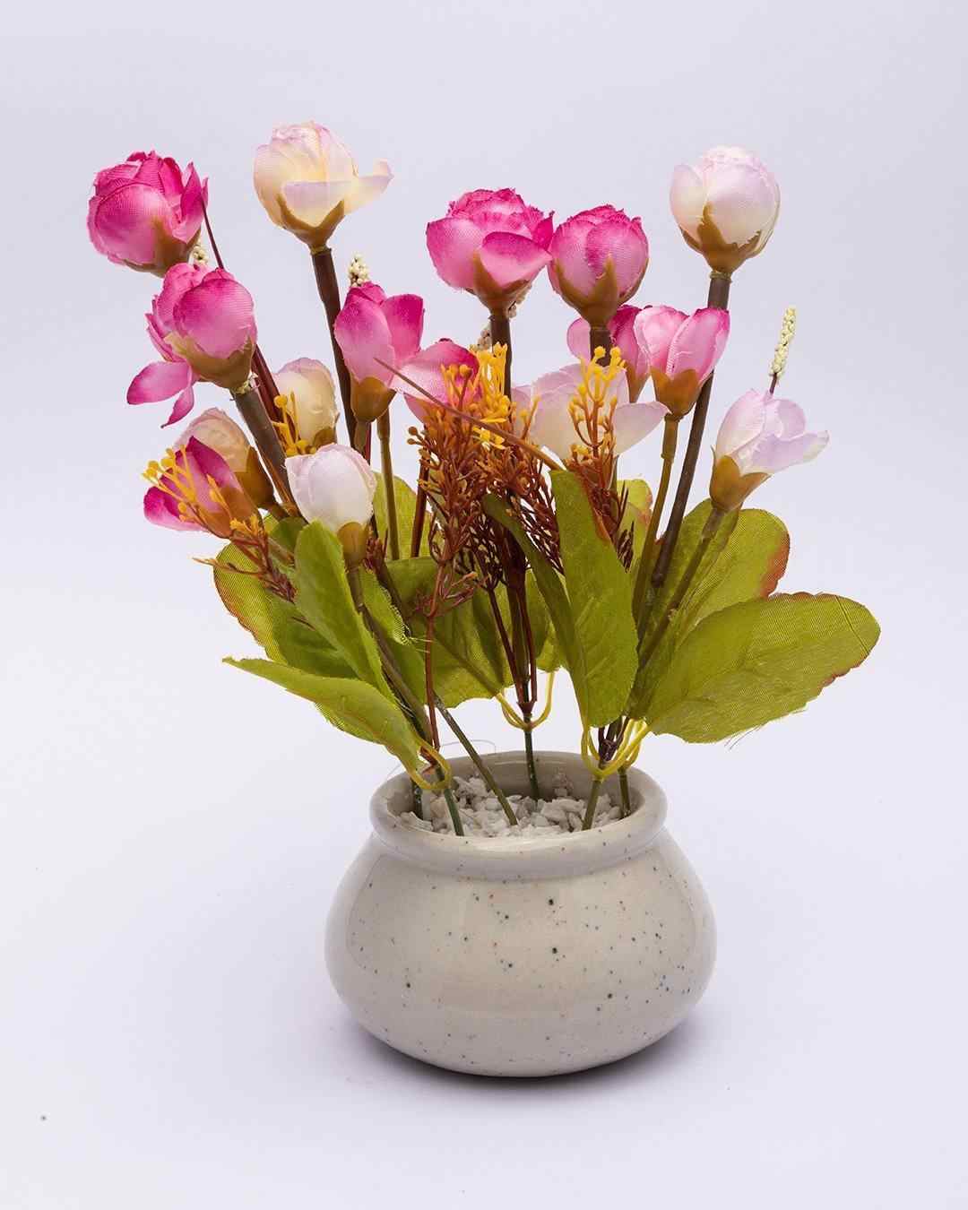 Market 99 Artificial Flower Plant with White Pot, Rose Bud Flowers, Pink, Plastic Plant