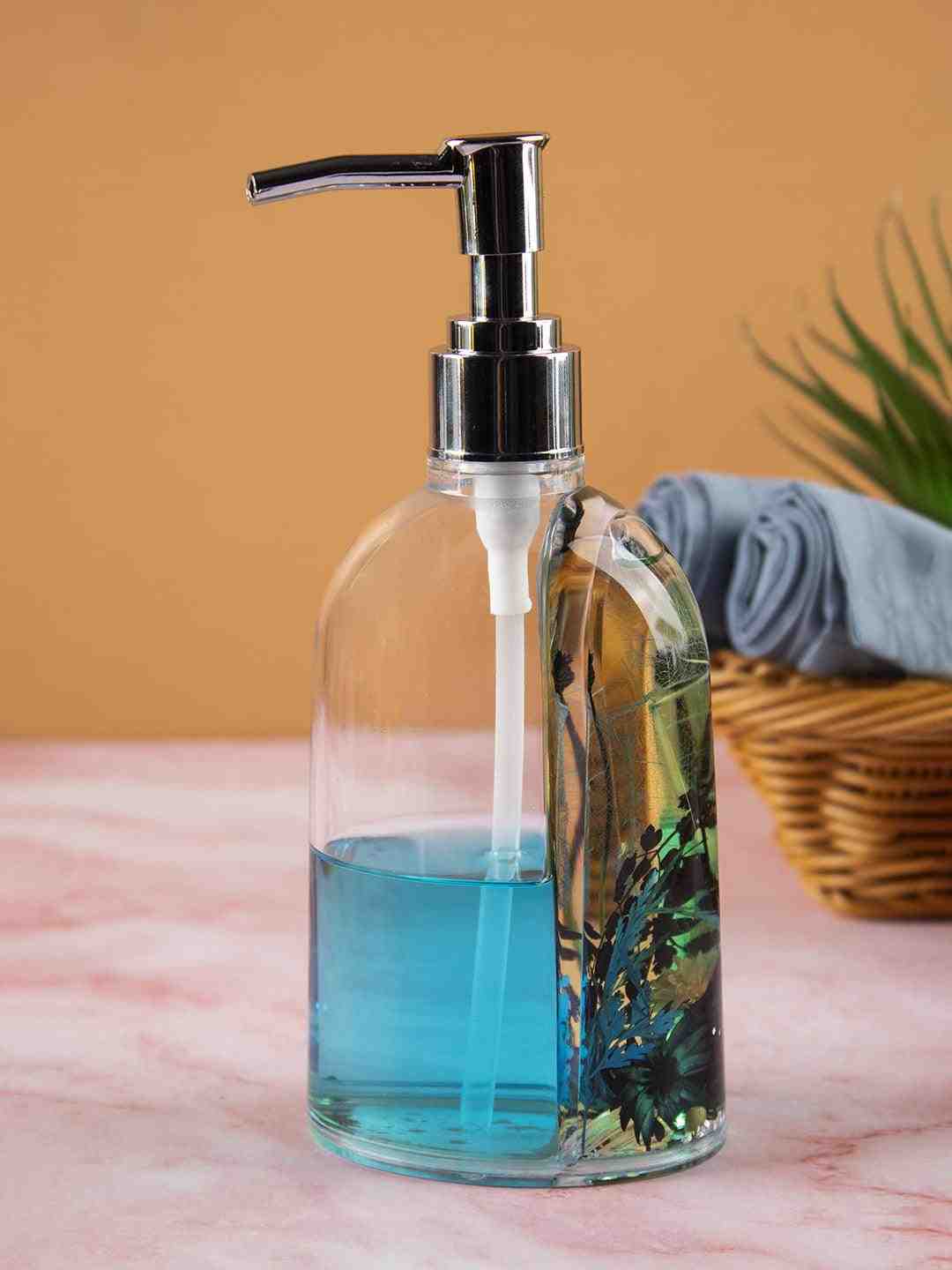 Market 99 Plastic Soap Dispenser Set for Bathroom Wash Basin Kitchen Sink Liquid Handwash Pump Self Adhesive Refillable & Reusable,Floral Design, Blue - 250 Ml