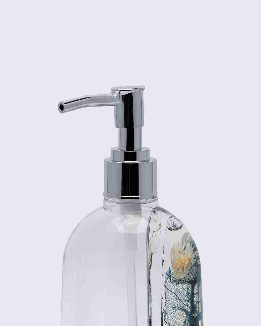 Market 99 Plastic Soap Dispenser Set for Bathroom Wash Basin Kitchen Sink Liquid Handwash Pump Self Adhesive Refillable & Reusable,Floral Design, Blue - 250 Ml