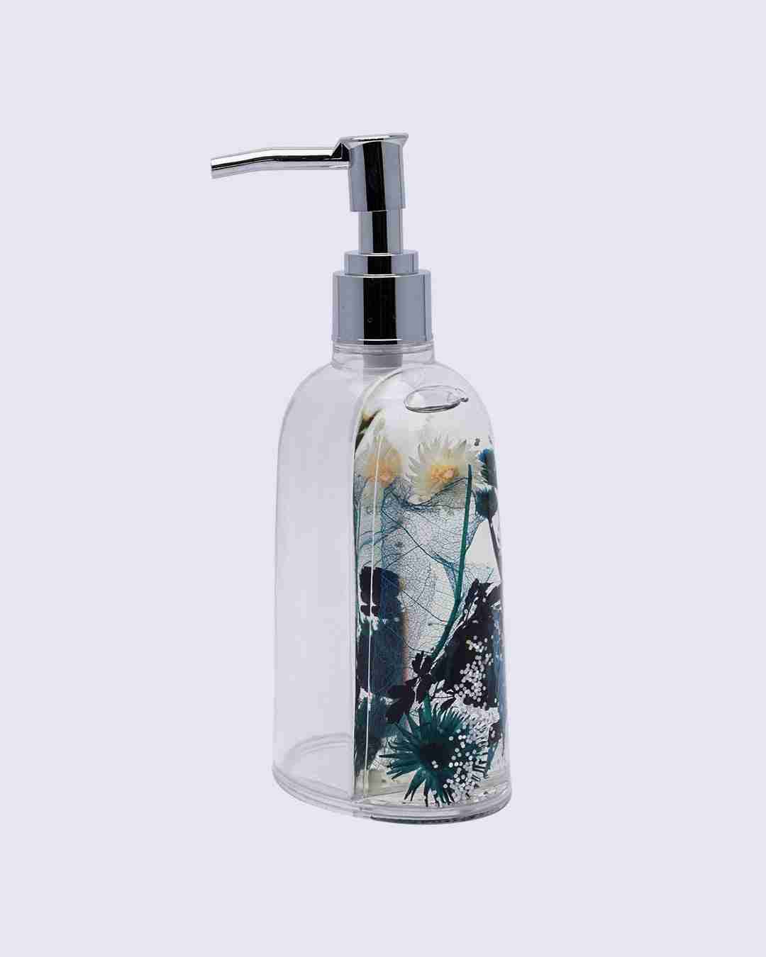 Market 99 Plastic Soap Dispenser Set for Bathroom Wash Basin Kitchen Sink Liquid Handwash Pump Self Adhesive Refillable & Reusable,Floral Design, Blue - 250 Ml