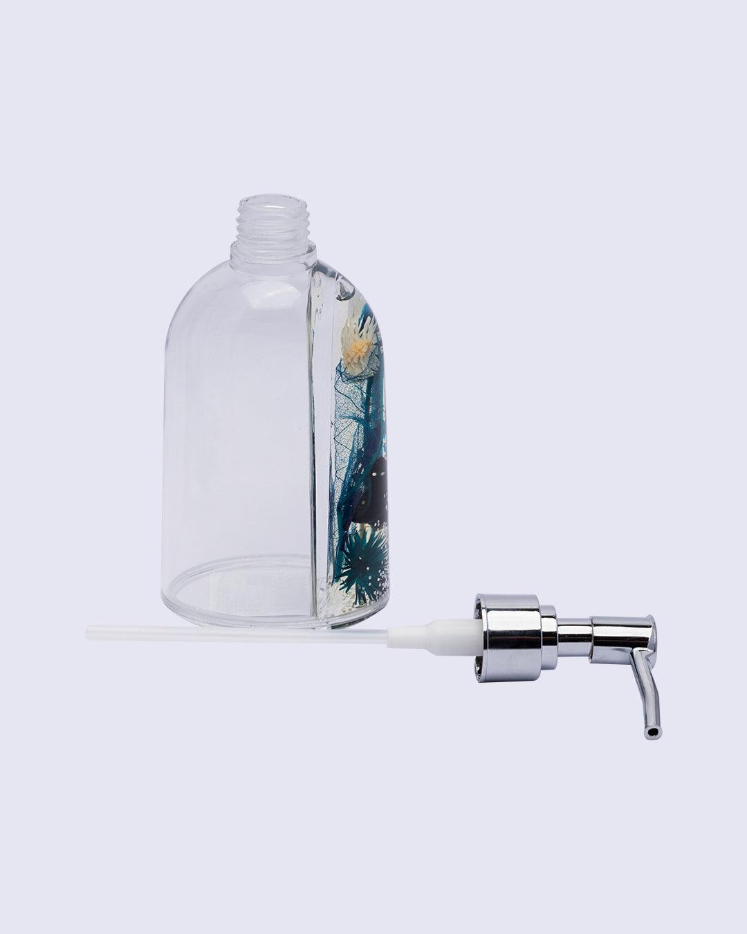 Market 99 Plastic Soap Dispenser Set for Bathroom Wash Basin Kitchen Sink Liquid Handwash Pump Self Adhesive Refillable & Reusable,Floral Design, Blue - 250 Ml