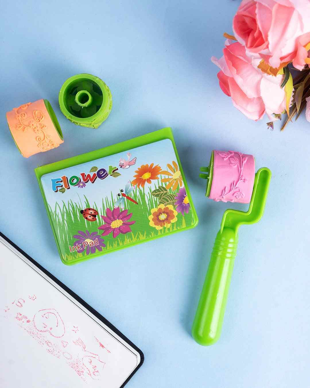 Stamp Roller Set, Stamps & Ink Pad, Green, Plastic & TPR