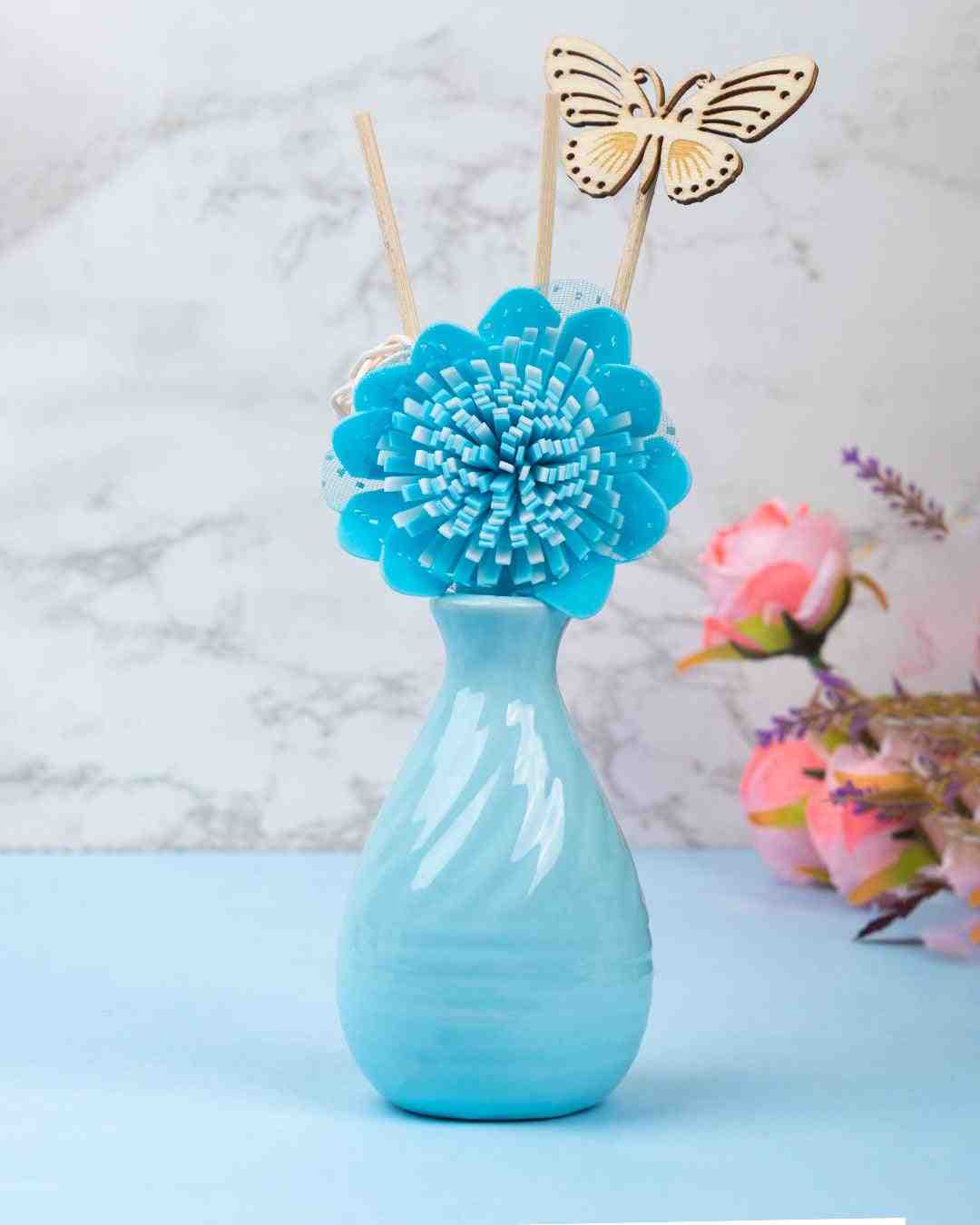 Market 99 Home Fregrance Ceramic Pot | Reed Diffueser Set (Fregrance 30 Ml & Reed Stick ) | Toxin Free Diffuser Set for Home Office Living Room Decor, Blue