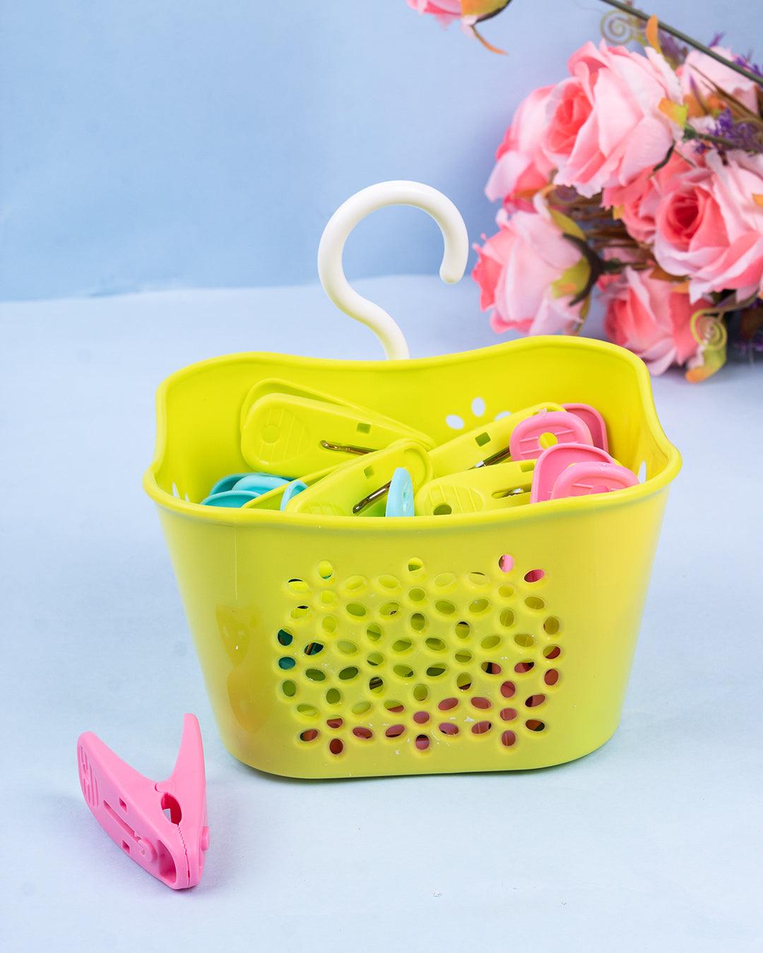 Cloth Clips with Basket Set, 24 Clips & Basket, Green, Plastic