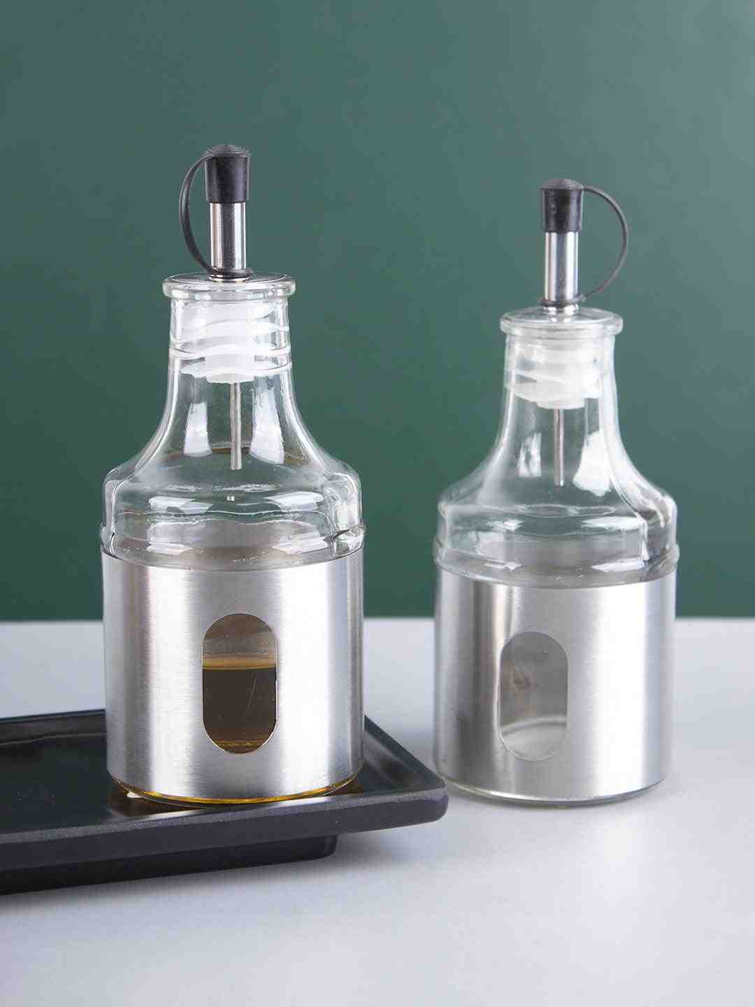 Market 99 Oil Dispenser Bottle Glass For Cooking Vinegar Kitchen Dispenser Leak Proof Storage Bottle Pourer Set Of 2 - Silver, 220 Ml