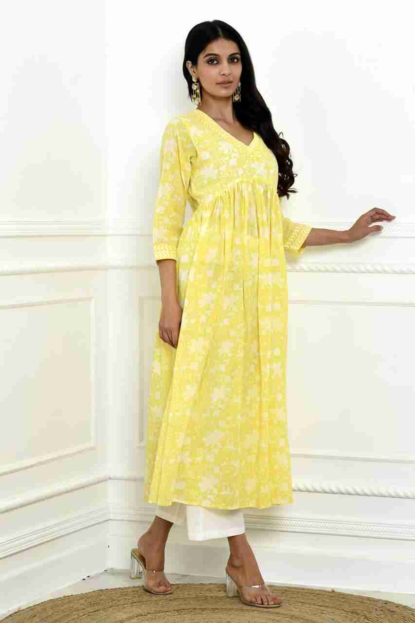 Naksh Yellow Block Printed V-Neck Gathered Kurta